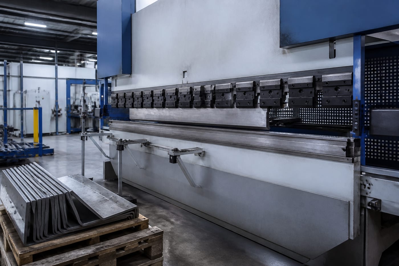 A CNC press brake forming a long steel plate into a precise angle, with formed steel brackets stacked on a pallet alongside