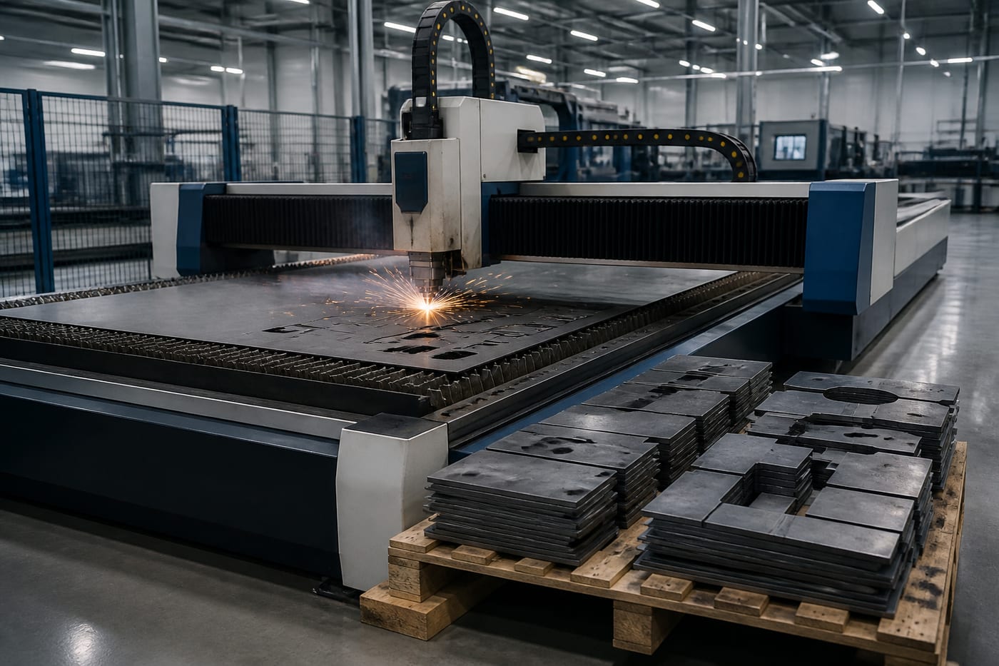 A CNC fibre laser cutting head cutting a flat steel plate, with precision cut steel blanks stacked on a pallet beside the machine