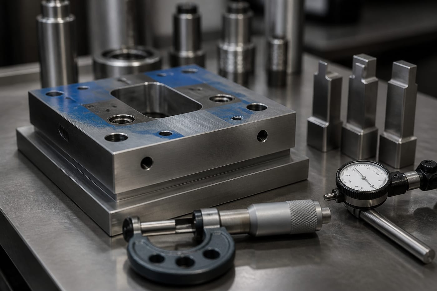 Hardened tool steel press die blocks and punches on a surface plate beside a micrometer and dial indicator, with blue layout dye on a machined face