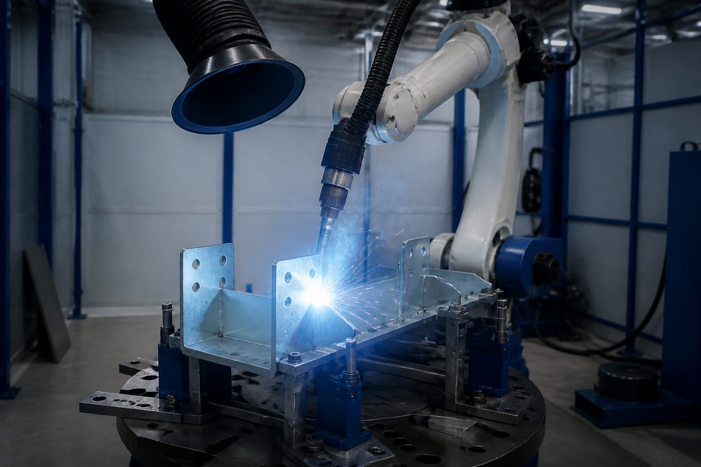 A robotic welding cell laying a weld bead on a galvanised steel bracket assembly held in a jig, with fume extraction above