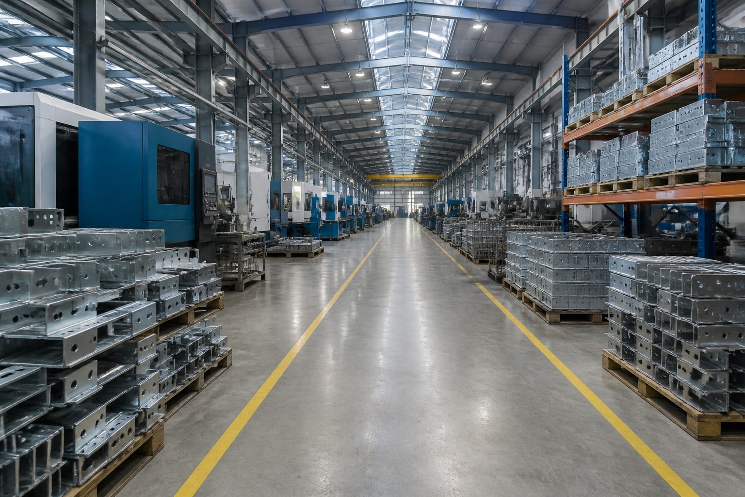 The interior of the fabrication factory looking down a central aisle, CNC machinery to one side and pallets of galvanised steel components racked on the other